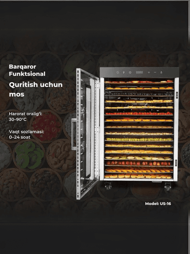 Sabzavotlar uchun  US-16 degidratori, Sabzavot va mevalar, mevalar va go‘sht uchun quritgich, ikki qatlamli, tijorat