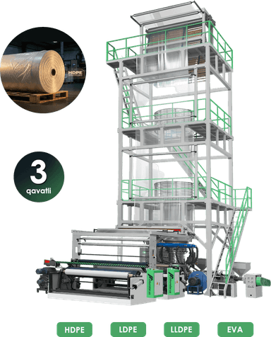 Uch qavatli polietilen plyonka ishlab chiqarish uskunasi | maks. rulon kengligi 1200 mm