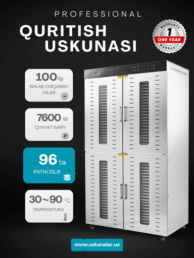Quritgich-degidratatori Uskunalar.uz US-96, sabzavot, meva va go‘sht uchun mo‘ljallangan.