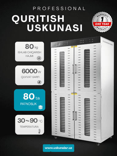 Quritgich-degidratatori Uskunalar.uz US-80, sabzavot, meva va go‘sht uchun mo‘ljallangan.