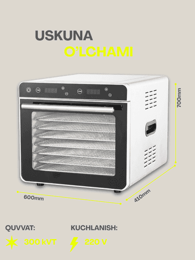 8 poddonli degidrator quritgich, meva va sabzavotlar uchun quritish uskunasi raqamli vaqt va haroratni nazorat qiluvchi