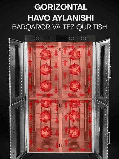 Quritgich-degidratatori Uskunalar.uz US-96, sabzavot, meva va go‘sht uchun mo‘ljallangan.