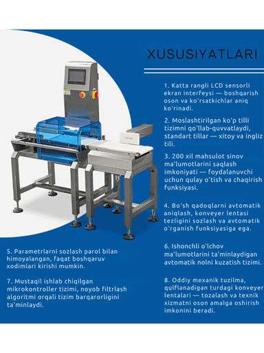 Yuqori tezlikdagi avtomatik saralash stanogi SK-150 — 0.1g aniqlikdagi og‘irlik nazorati, sensorli displey va sozlanadigan konveyer bilan