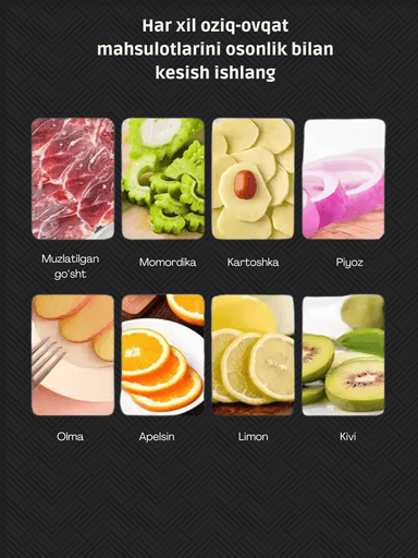 Elektr tilimlash mashinasi, slyayser, meva va muzlatilgan go‘shtni tilimlash uchun