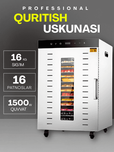 Sabzavotlar uchun  US-16 degidratori, Sabzavot va mevalar, mevalar va go‘sht uchun quritgich, ikki qatlamli, tijorat