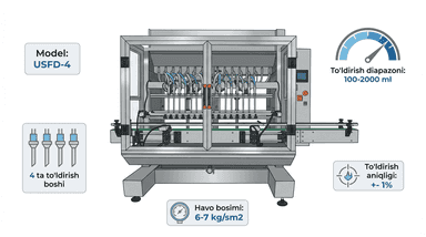 USFD-4 Ko'p boshli avtomatik suyuqlik to'ldirish uskunasi | 100-2000 ml